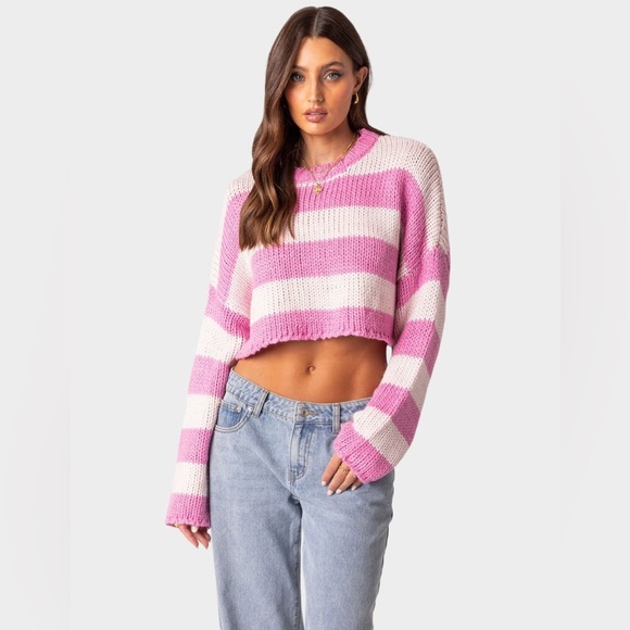Pink Cropped Knit Striped Sweater - Picture 3 of 10